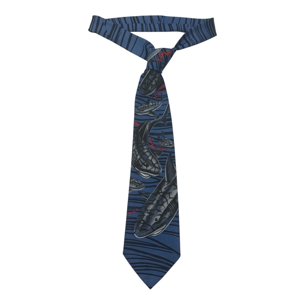 🦈 Vintage A. Rogers Shark Print Tie – Ocean Blue & Black - Picture 2 of 4